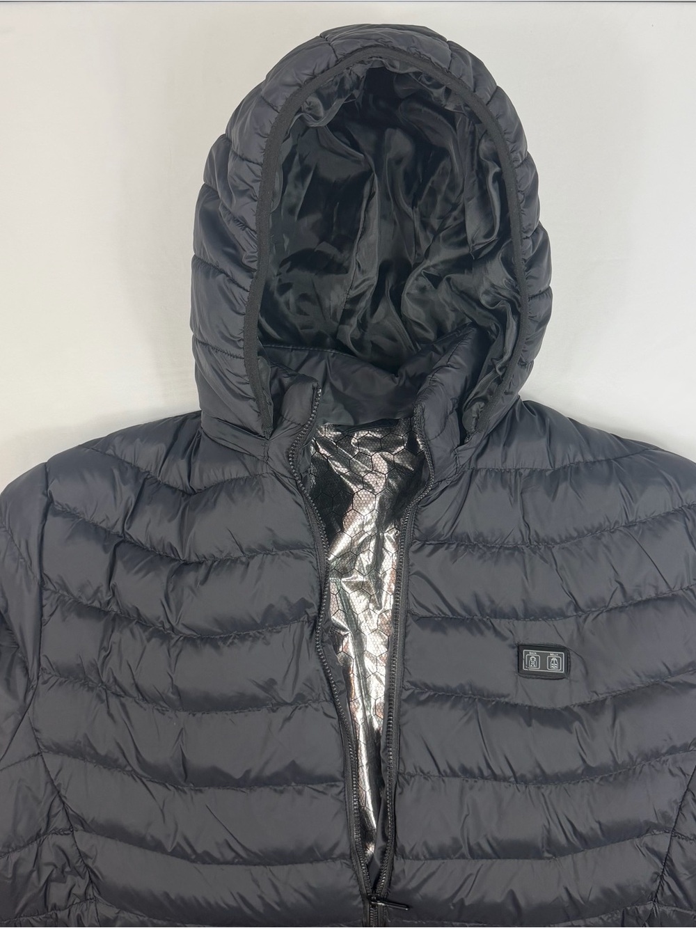 USB Heated Puffer Jacket 2XL Hooded 3 Heat Settings Back Belly Black